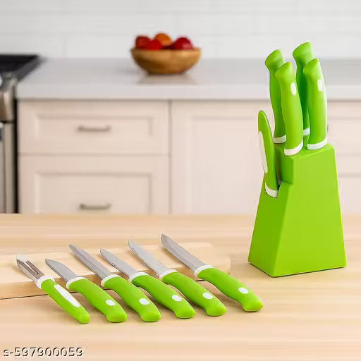 KERON 5 Pieces Kitchen Knife Set with Holder Stand 4 Knife + 1 Peeler + 1 Stand (Green)