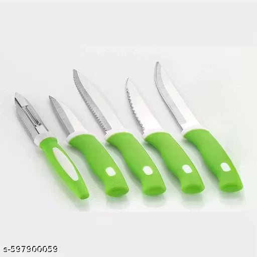 KERON 5 Pieces Kitchen Knife Set with Holder Stand 4 Knife + 1 Peeler + 1 Stand (Green)