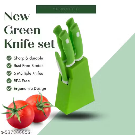 KERON 5 Pieces Kitchen Knife Set with Holder Stand 4 Knife + 1 Peeler + 1 Stand (Green)